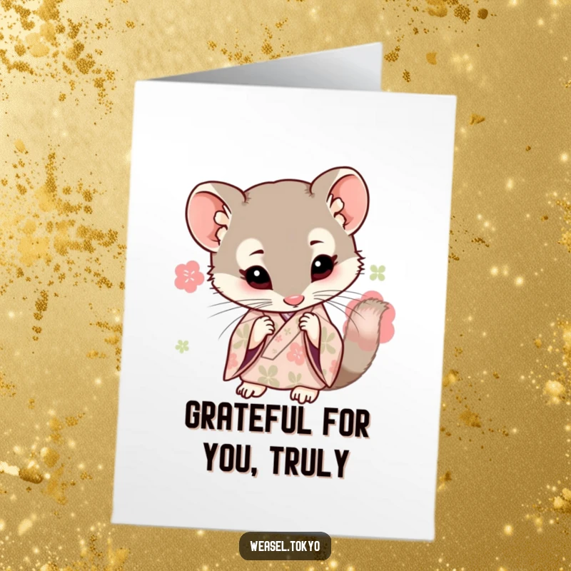 Funny Free Printable Thank You Card: Curious Kawaii weasel in kimono examines something closely, showing funny, heartfelt thanks.