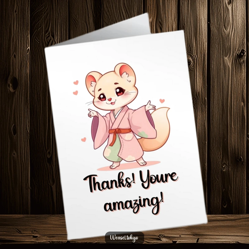 Funny Free Printable Thank You Card: Weasel in a flowing kimono striking a playful, energetic pose.