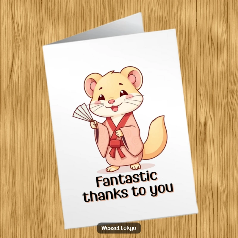 Funny Free Printable Thank You Card: A smiling Kawaii weasel in a kimono practices elegant fan movements, a stylish thank you.