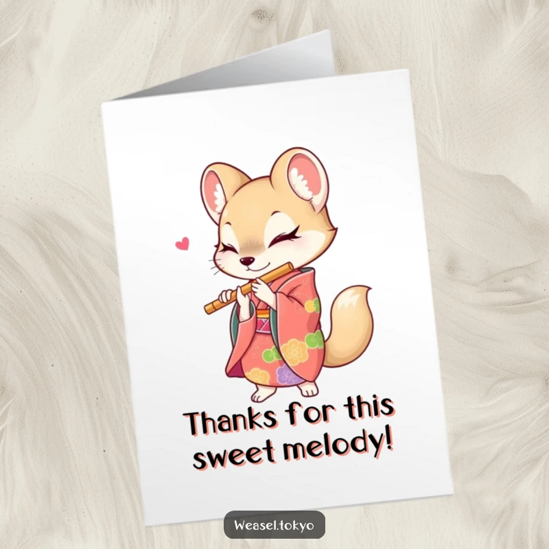 Funny Free Printable Thank You Card: A weasel in a vibrant kimono energetically playing a flute, saying thanks