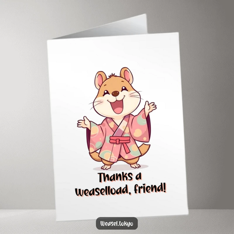 Funny Free Printable Thank You Card: Dynamic Kawaii weasel in kimono expresses thanks with a joyful, hilarious gesture.