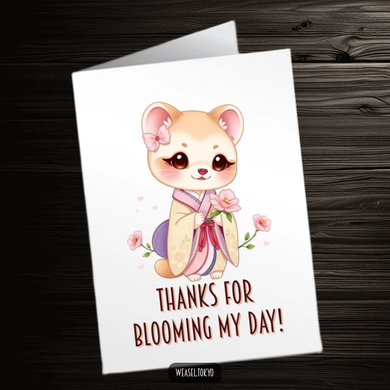 Funny Free Printable Thank You Card: Weasel wearing a beautiful kimono holding a delicate bloom.