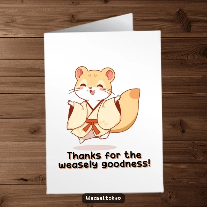 Funny Free Printable Thank You Card: A kimono-clad weasel performs an elegant, thankful flourish, spreading good vibes.