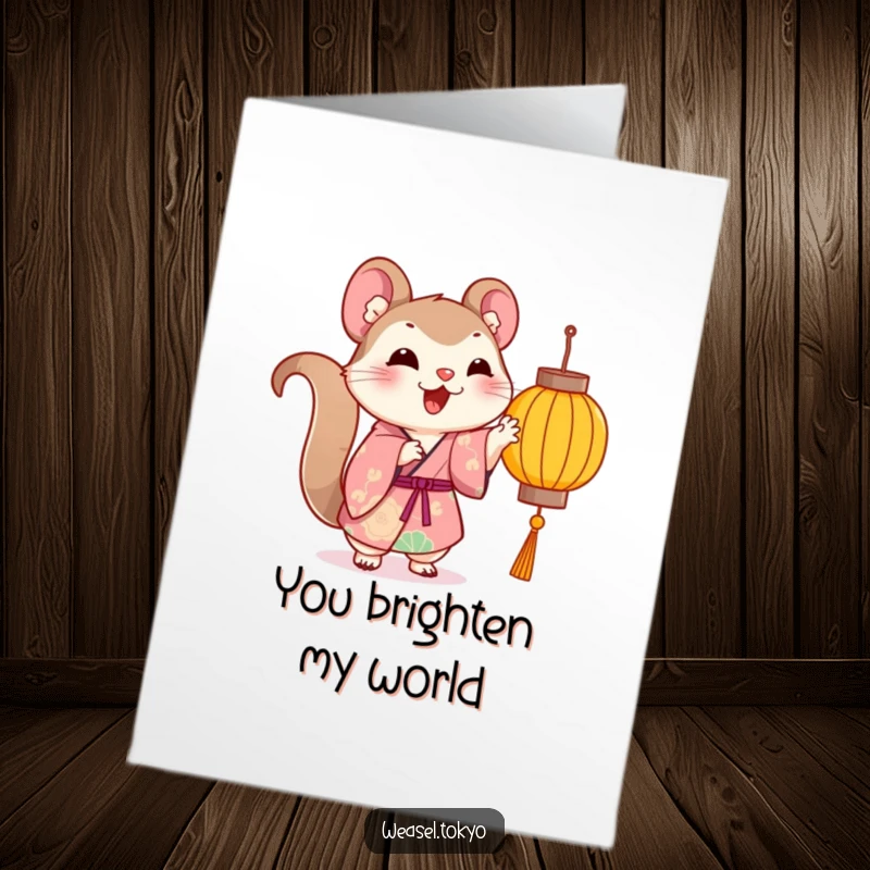 Funny Free Printable Thank You Card: Cheerful Kawaii weasel in kimono playfully paws a lantern, expressing funny, warm thanks.