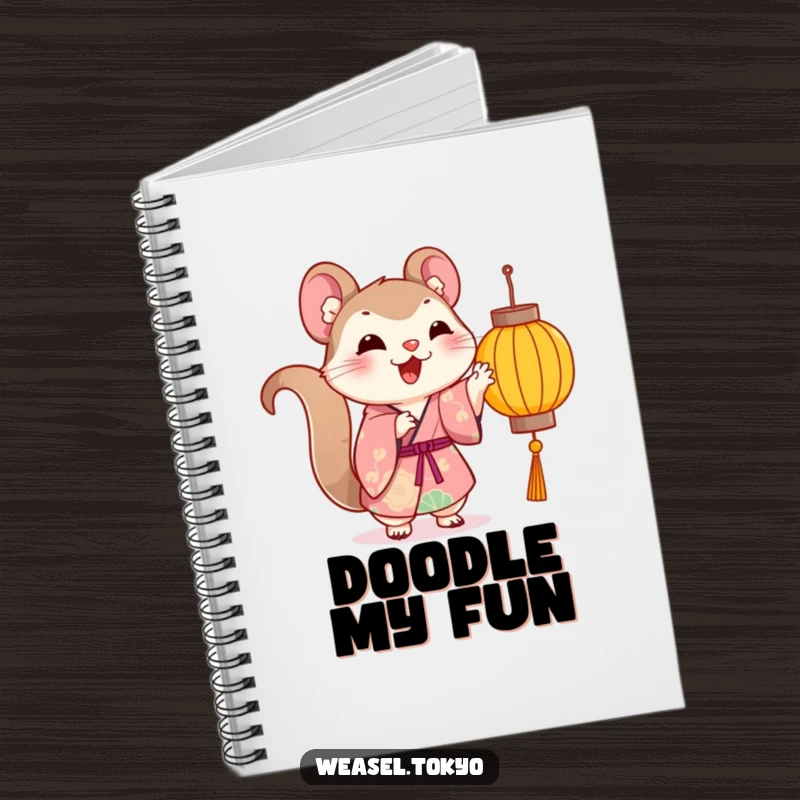 Funny Kawaii weasel in a kimono on a notebook cover, playfully pawing at a lantern, great for notes.