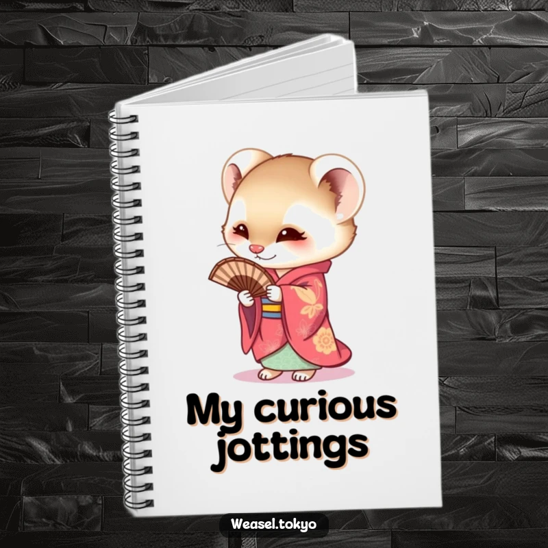 Funny Weasel Notebook cover with a curious weasel in a vibrant kimono holding a fan, inspiring creative writing and humorous note-taking.