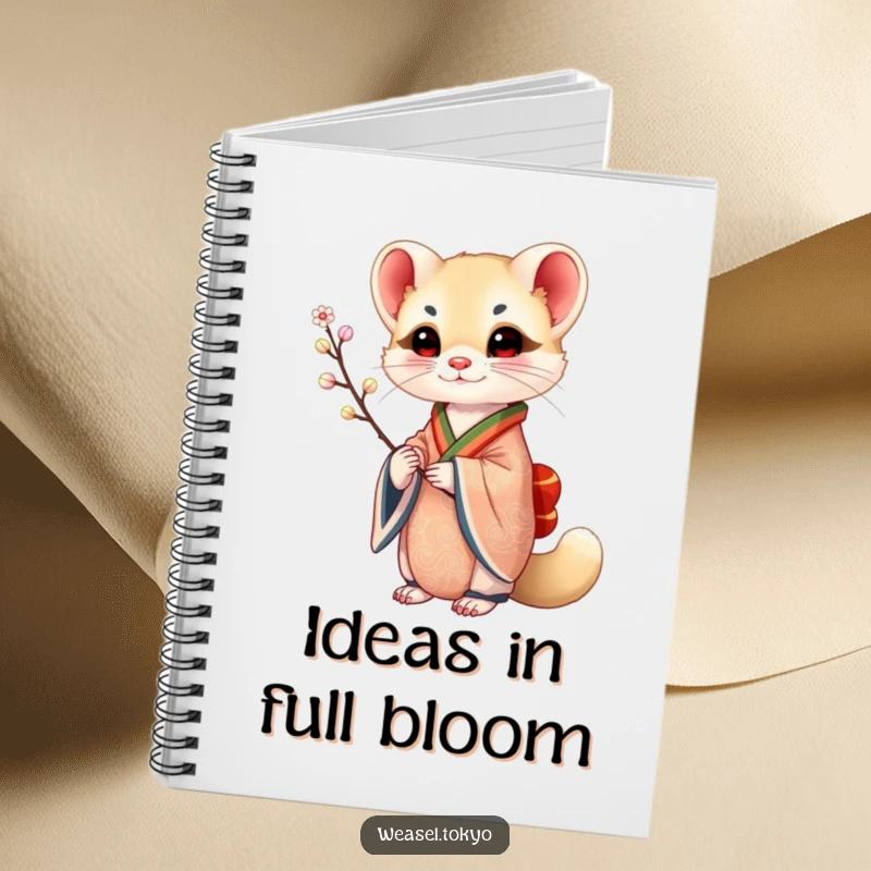 Funny Weasel Notebook: A weasel in an ornate kimono holds a delicate branch, perfect for journaling with an artistic and humorous touch.