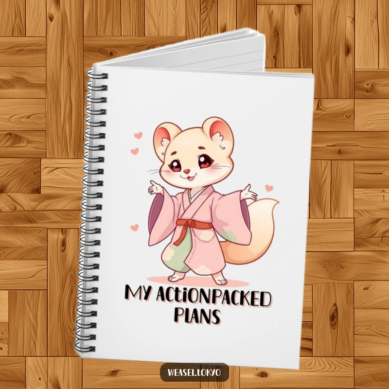 Funny weasel kimono notebook featuring a cute weasel in a flowing kimono striking an energetic pose, ready for notes.