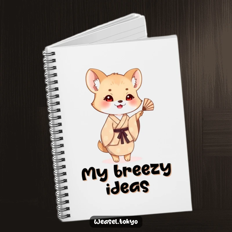Funny weasel notebook featuring a creature in a patterned kimono waving a small fan, encouraging cheerful writing and note-taking.