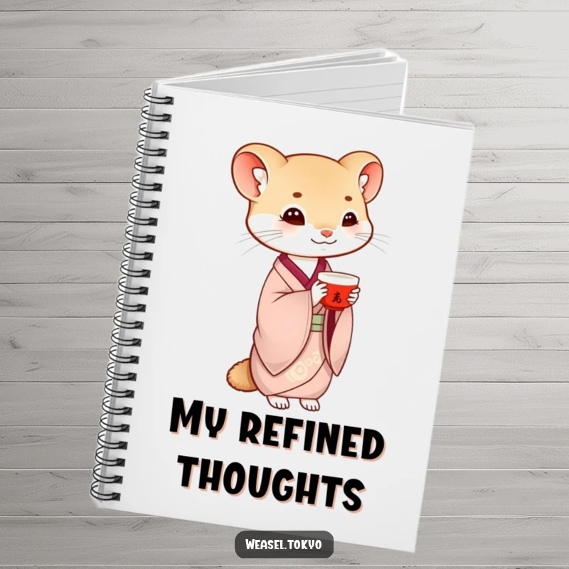 Funny weasel notebook featuring a creature in traditional kimono gracefully balancing a saké cup, encouraging elegant writing and reflection.