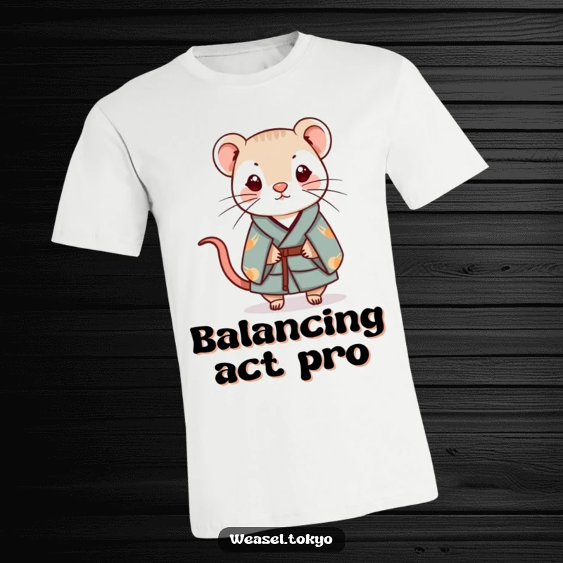 Funny Kawaii weasel wearing a smart kimono shirt balances a tiny charm with focus, great funny gift.