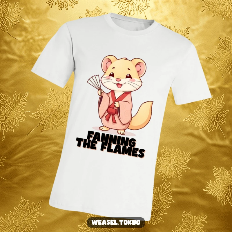Funny t-shirt featuring a smiling Kawaii weasel in a patterned kimono, gracefully practicing fan movements, stylish and artistic.