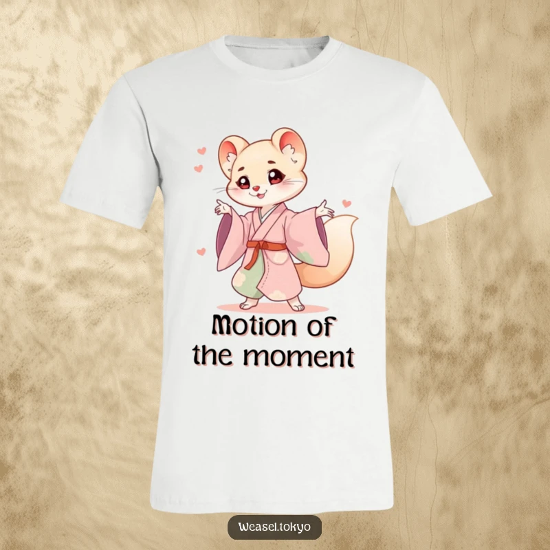 Funny weasel t-shirt showing a cute weasel in a flowing kimono in a dynamic, playful, and energetic pose.