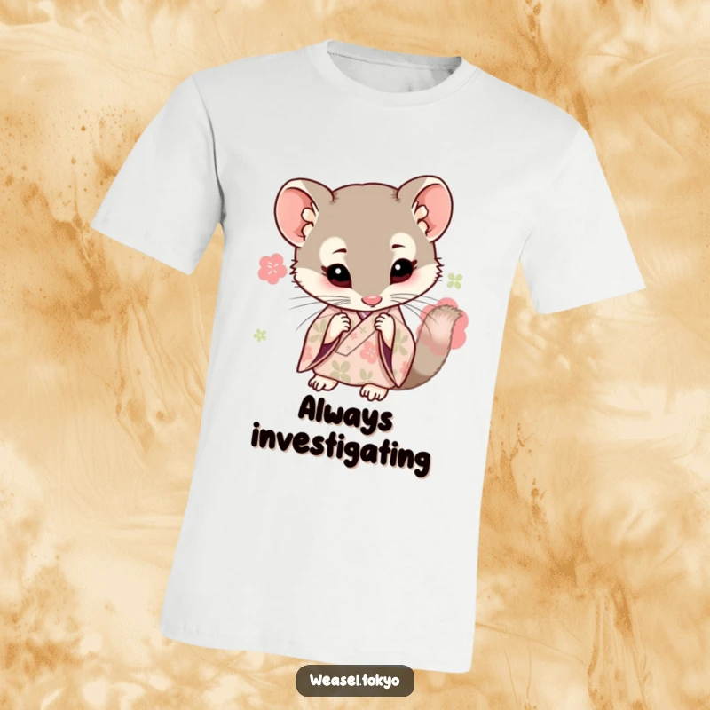 Funny Kawaii weasel wearing a kimono shirt leans in closely to investigate something, great funny gift.