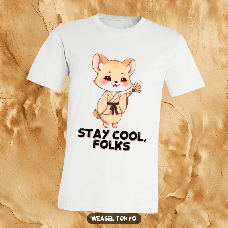 Funny weasel t-shirt featuring a creature in a patterned kimono cheerfully waving a small fan, radiating happiness and style.