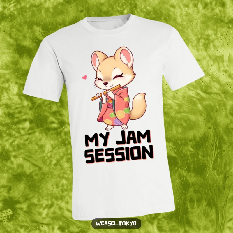 Funny weasel t-shirt featuring a lively musician in a colorful kimono, playing a flute with energetic and humorous flair.