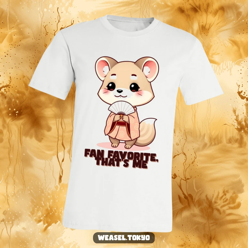 Funny weasel t-shirt showing a cute weasel in a patterned kimono presenting a delicate fan with refined grace.