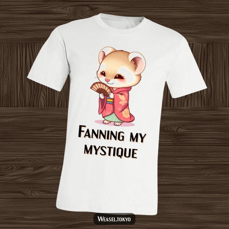 Funny Weasel T-Shirt showing a curious weasel in a vibrant kimono, holding a fan with an inquisitive expression, blending fashion and fun.