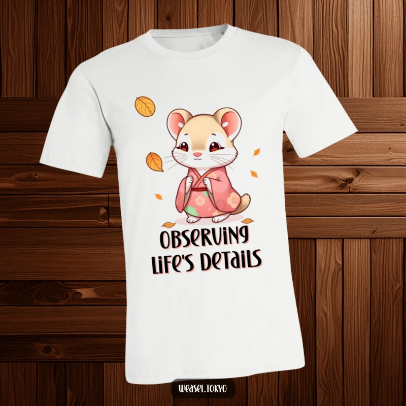 Funny weasel t-shirt with a cute weasel in a colorful kimono observing a falling leaf with gentle curiosity.