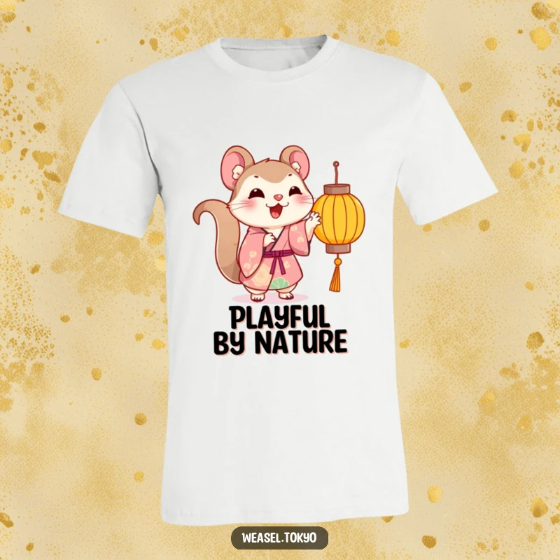 Funny Kawaii weasel wearing a kimono shirt playfully reaches for a dangling lantern, great funny gift.