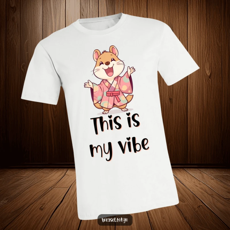 Funny Kawaii weasel wearing a colorful kimono, joyfully gesturing with a wide smile, great funny gift.