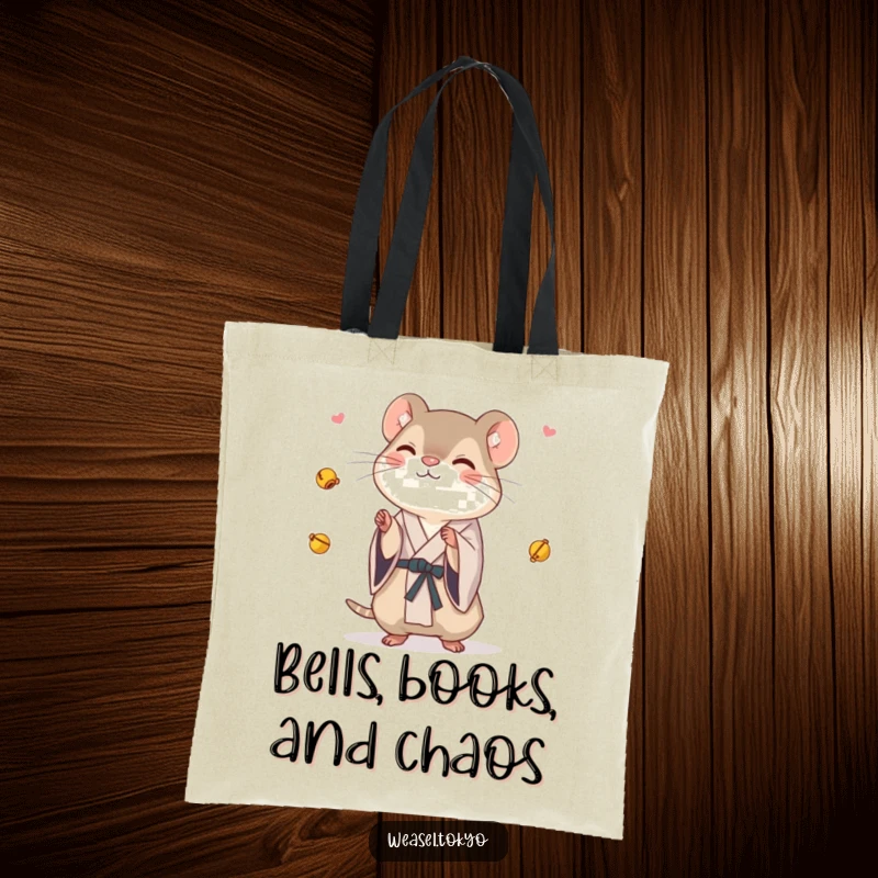 Funny Weasel Tote Bag: A weasel in a kimono playfully juggles tiny bells, making this tote bag a whimsical and humorous accessory.