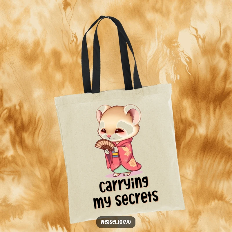 Funny Weasel Tote Bag featuring a curious weasel in a vibrant kimono holding a fan, ideal for carrying items with a touch of Japanese-inspired humor.