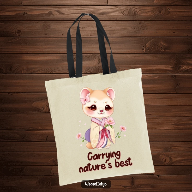 Funny weasel kimono tote bag showing a cute weasel in traditional attire holding a delicate bloom, perfect for errands.