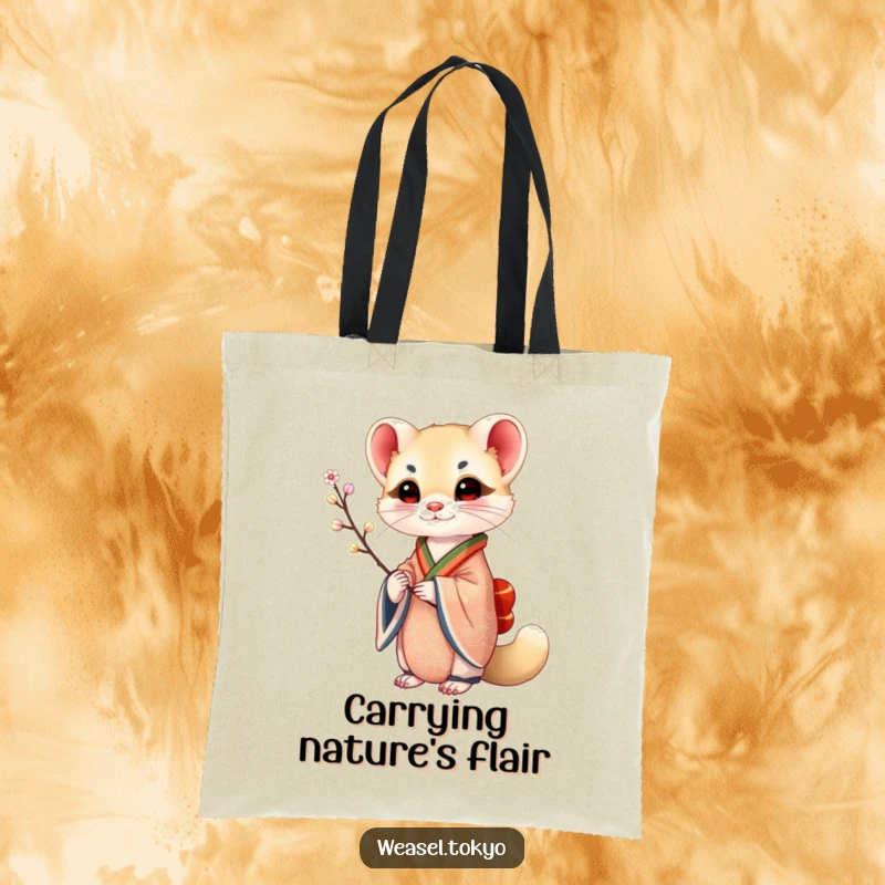 Funny Weasel Tote Bag: A weasel in an ornate kimono holds a delicate branch, making this tote bag an elegant and humorous accessory.