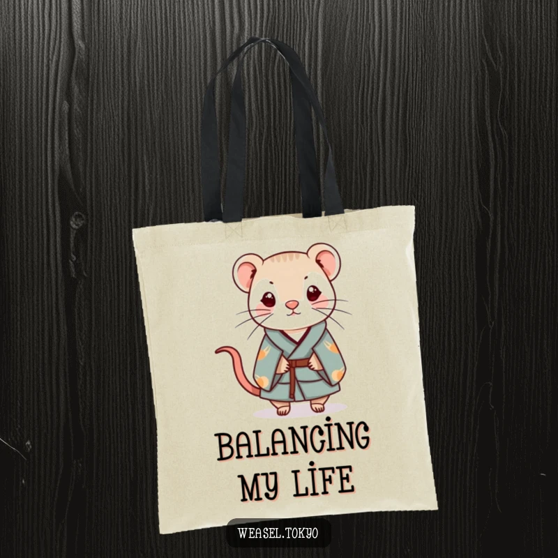 Funny Kawaii weasel in a kimono tote bag balancing a small charm with precision, fun gift.