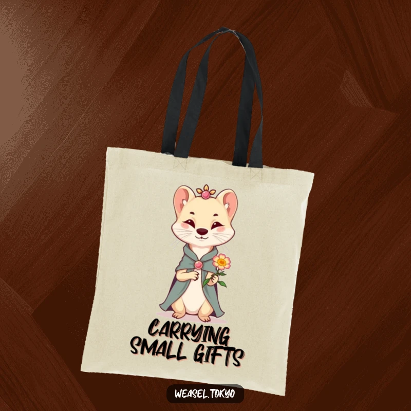 Funny Tote Bag: A dapper weasel in elegant clothing gently offers a smiling flower, adding a touch of sophisticated humor to your day.