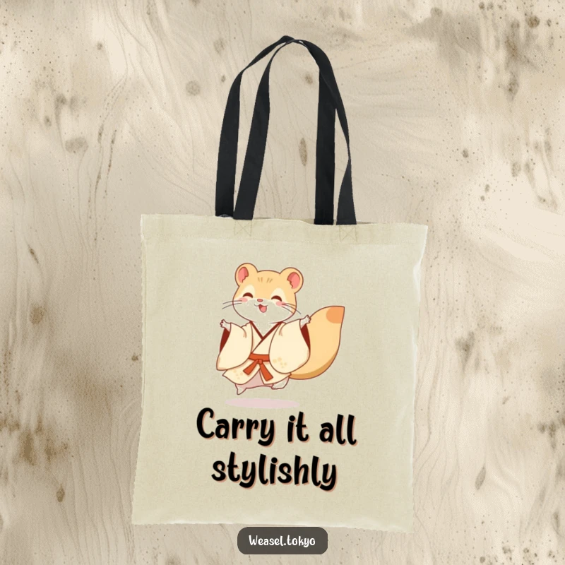 Funny Tote Bag: A joyful weasel in a splendid kimono performs a spontaneous dance flourish, perfect for carrying groceries with style.
