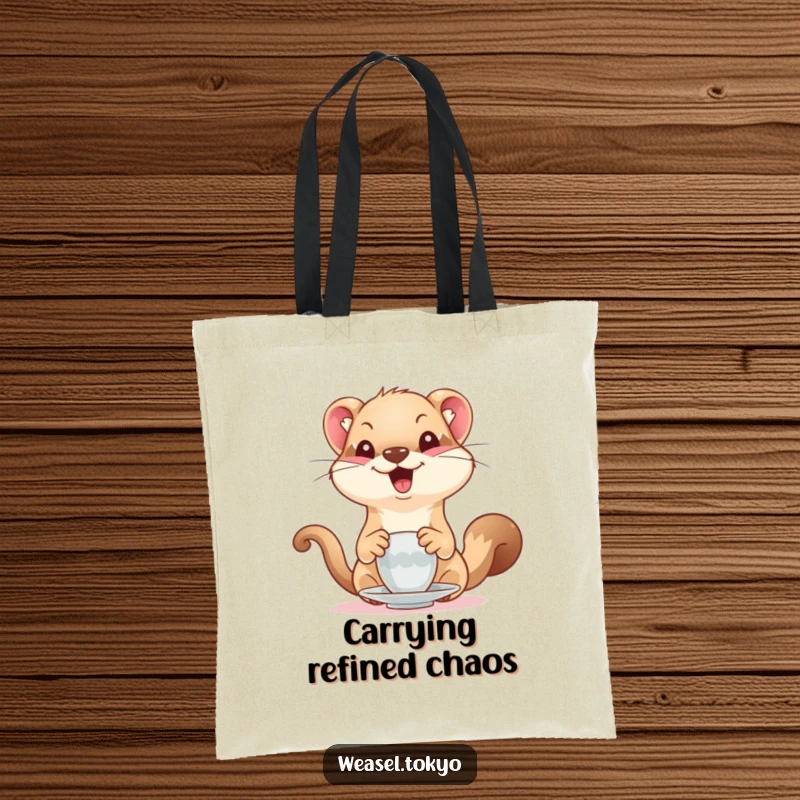 Funny Weasel Tote Bag: A delighted weasel hilariously attempts tea service, making this tote a funny and functional accessory.
