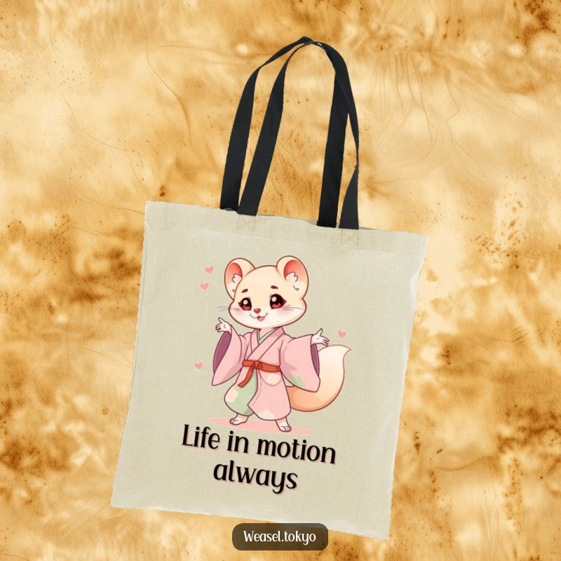 Funny weasel kimono tote bag showing a cute weasel in a flowing kimono in a playful, energetic pose, great for shopping.